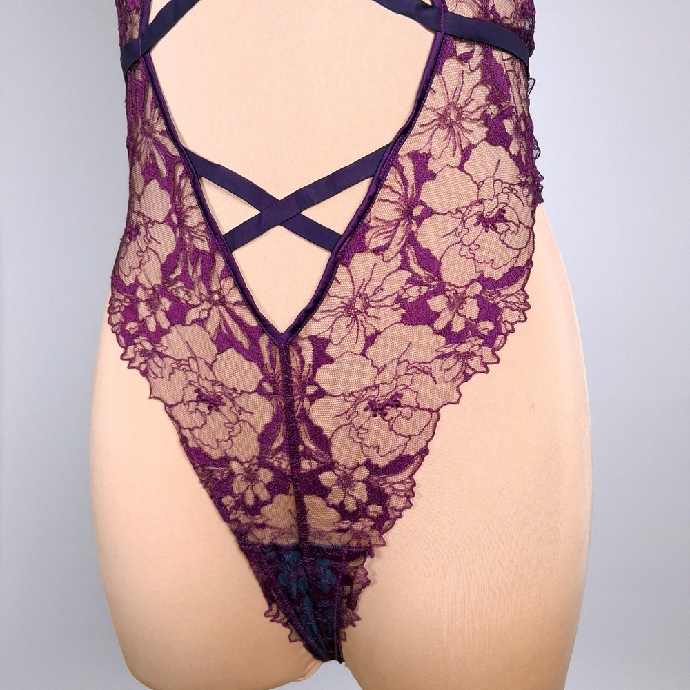 Women's Purple Floral Lace Halter Teddy Bodysuit Strappy Cutout - Picture 3 of 4